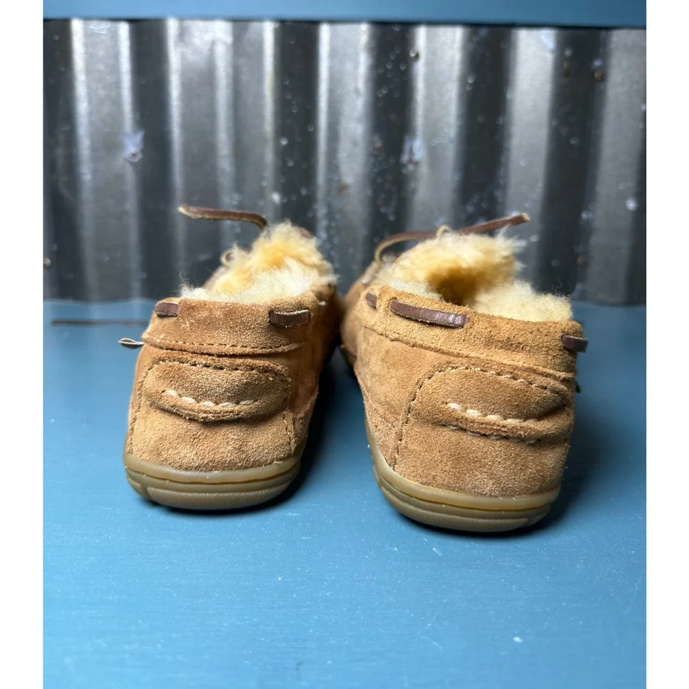 L.L. Bean Kids Wicked Good Moccasin Slippers Suede Shearling Size 1 Tan Brown